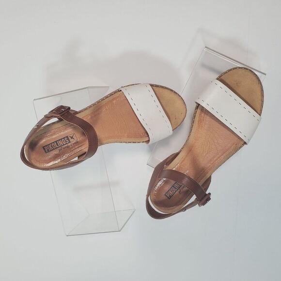 Pikolinos Women's Sandals US 7.5 EU 38 White Brown Leather Ankle Strap Low Heel - Picture 3 of 10